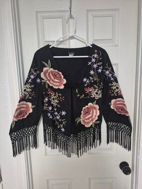 Boston Proper floral embroidered blazer jacket boho fringe Size S
